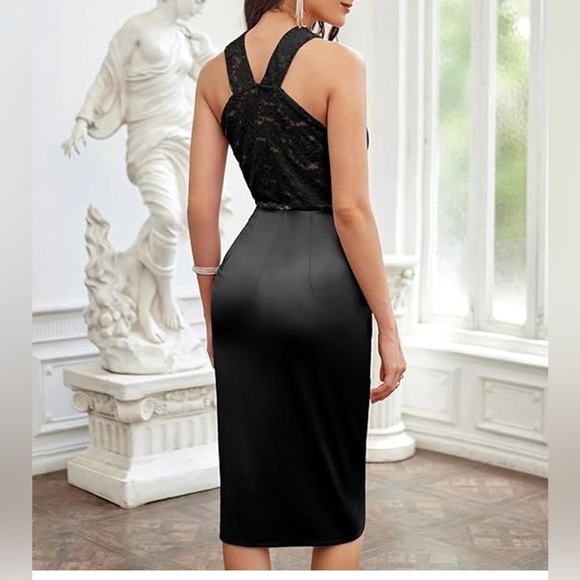 Cocktail Semi Formal Satin Black Lace Halter Dress - Picture 2 of 6